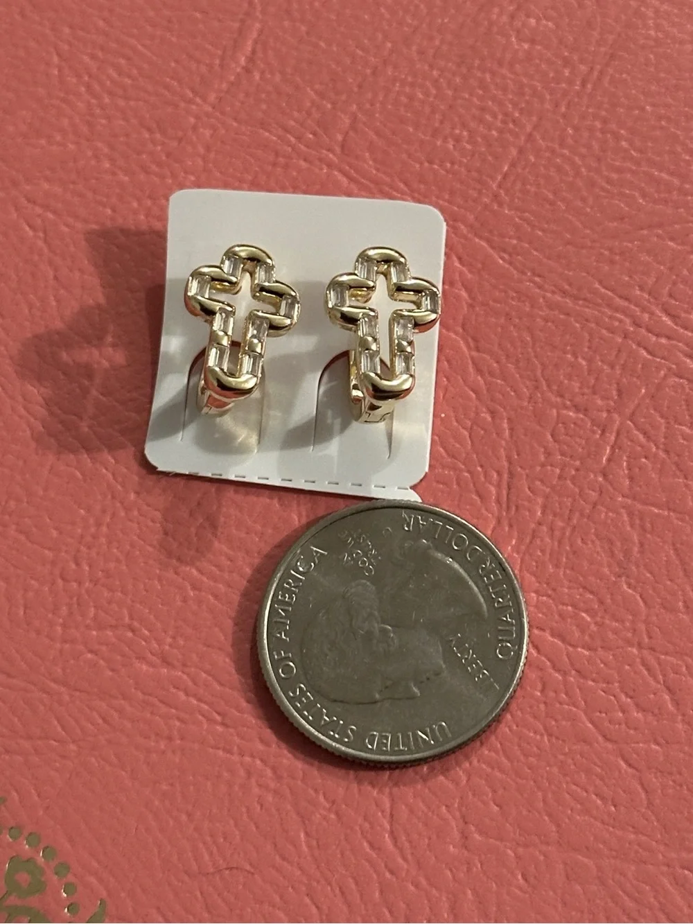 Gold Cross Huggie Earrings Religious 14kGP